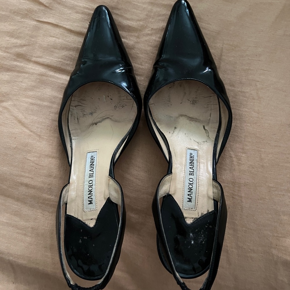 Manolo Blahnik Black patent sling backs